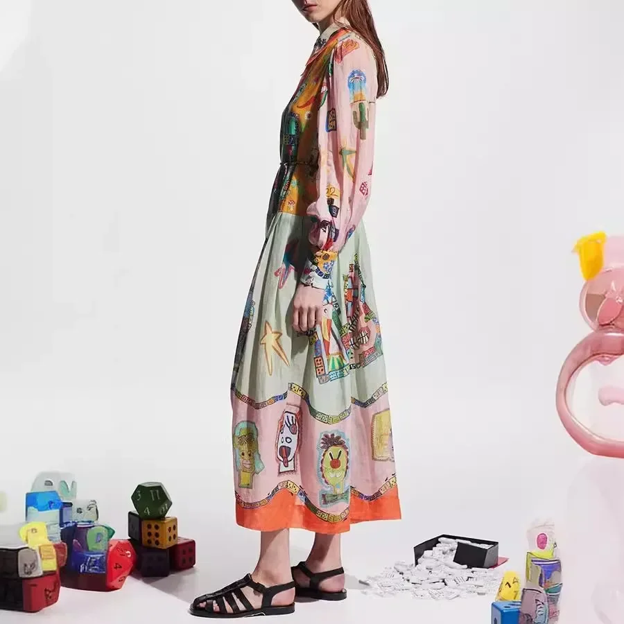 Elegant 2024 Women Vintage Print Maxi Dress Fashion Chic Trend Autumn with Belt Holiday Lantern Sleeve Long Dresses Female Robe