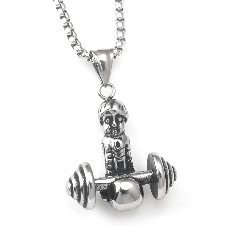 Stainless steel hip hop rock punk fashion creative retro cartoon doll gloves dumbbell pendant necklace