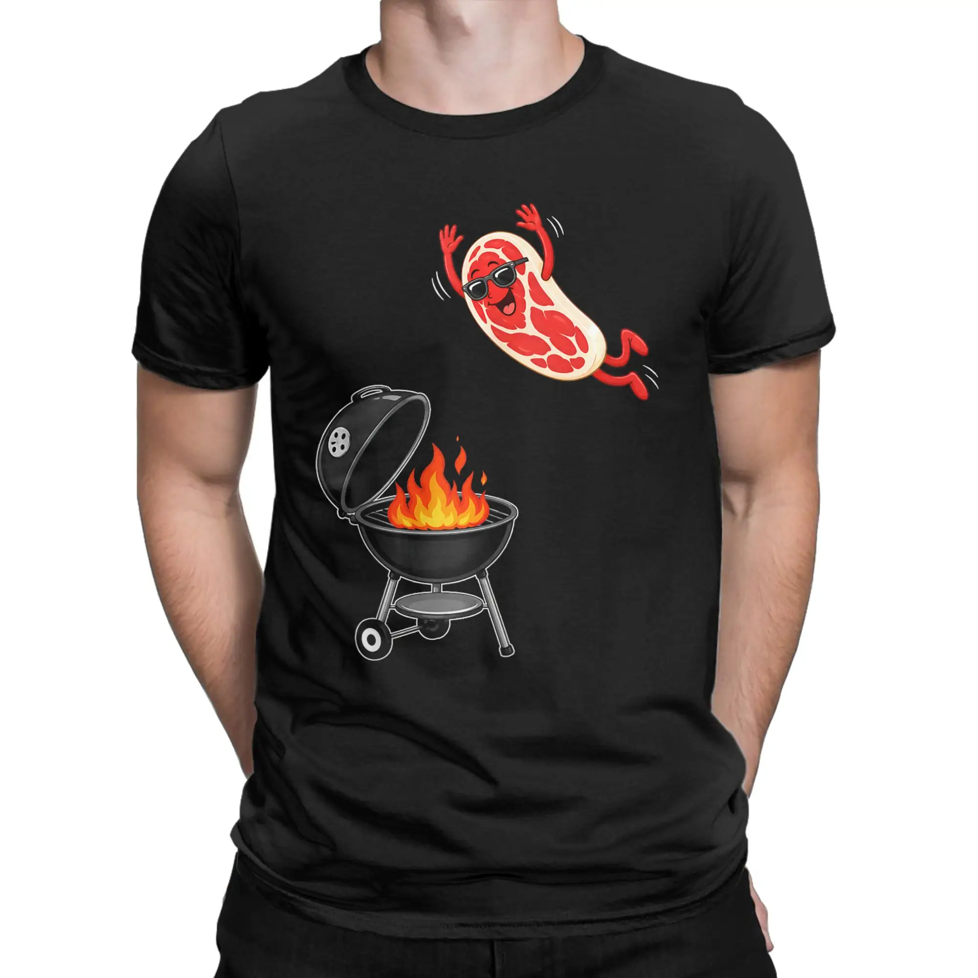 BBQ Steak Meme Cute Meat Jumping Into Grill T Shirt Men's  Funny T-Shirt Crew Neck  Tee Shirt Short Sleeve Tops Birthday Present