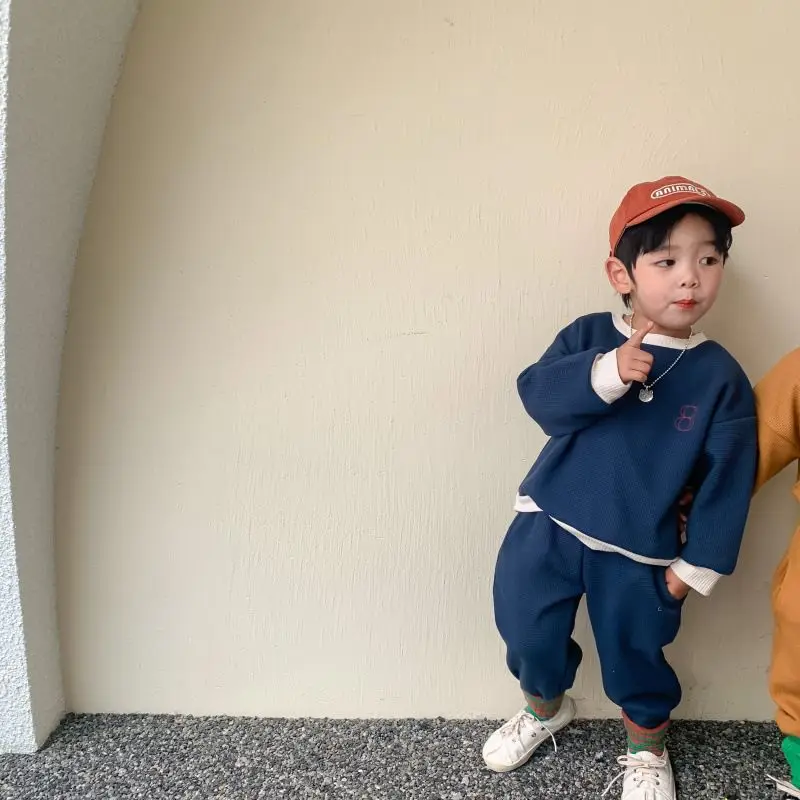5028 Autumn Baby Clothes Set Kids Clothes Girls Boys 2 Pcs Suit Waffle Kids Sports Sweatshirt Solid Color Casual Two Piece Set 6