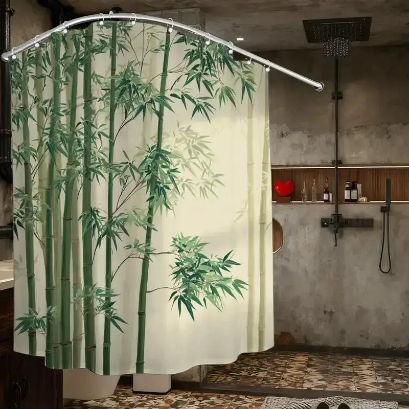 

Занавеска для душа с изображением бамбукового леса – реалистичные зеленые стебли и листья на кремовом фоне, 12 крючков, 70,87×70,87 дюймов, водонепроницаемый декор для ванной комнаты