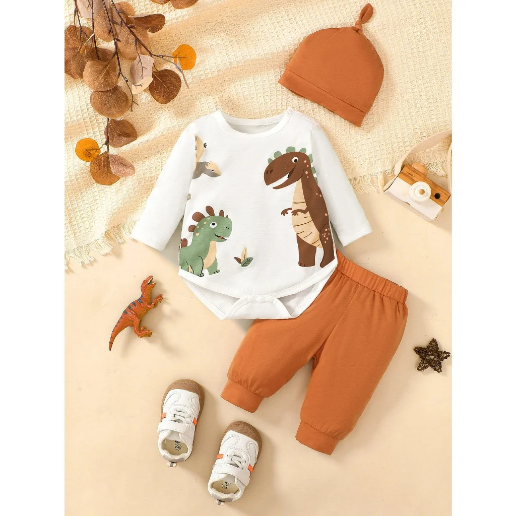 Newborn Baby Boy Clothes Set Cartoon Dinosaur Top+Brown Pants+Hat 3PCS Autumn Cute Outfits for Infant 0-9 Months Baby Clothing