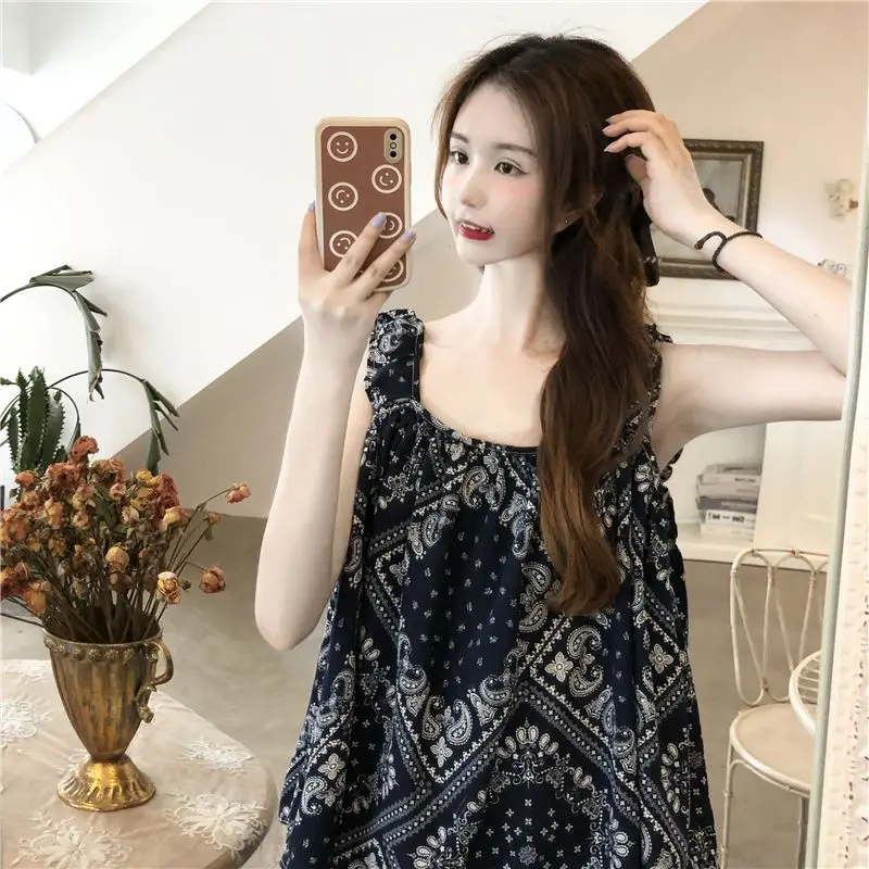 Summer New Vintage Printing Plus Size Tanks Loose Sleeveless Off Shoulder All-match Tops Casual Fashion Women Clothing M-4XL