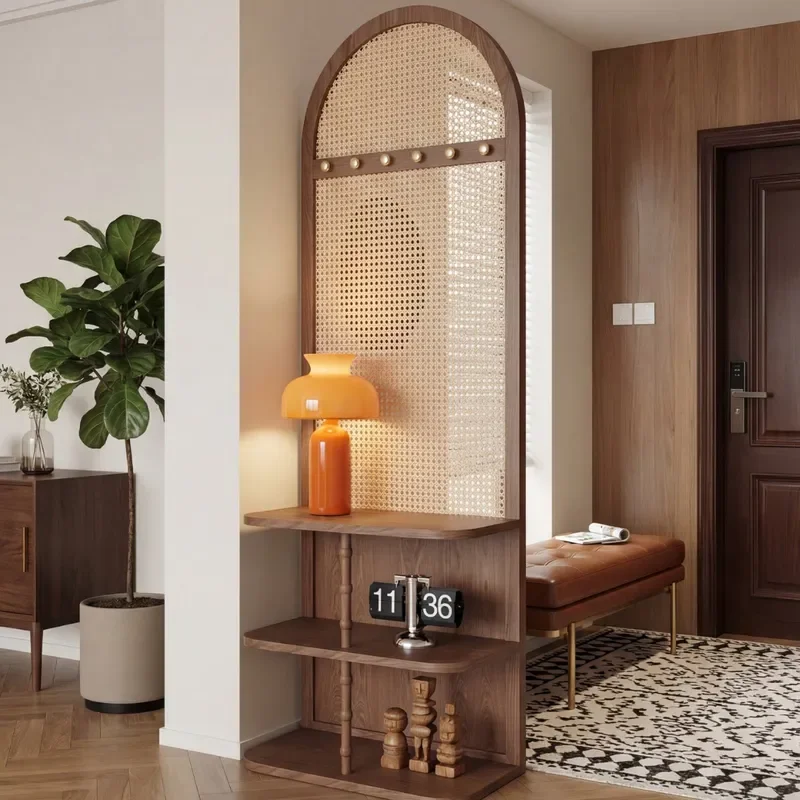 for Solid Wood Rattan Screen Multifunctional Entrance Hanging Clothes Rack French Movable Guest Restaurant Decorative Seat
