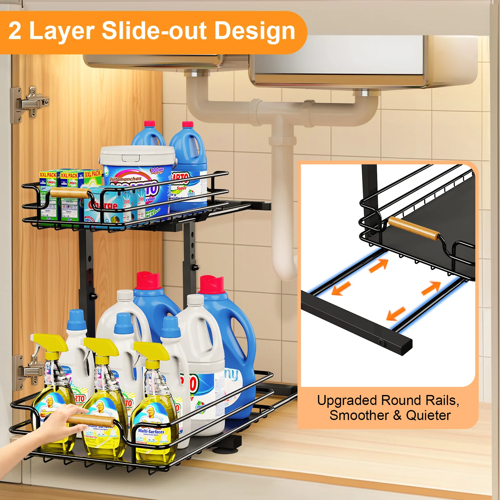 2 Tier Sliding Under Sink Organizer Height Adjustable Pull Out Cabinet Organizer Multi-purpose Storage Rack For Kitchen Bathroom