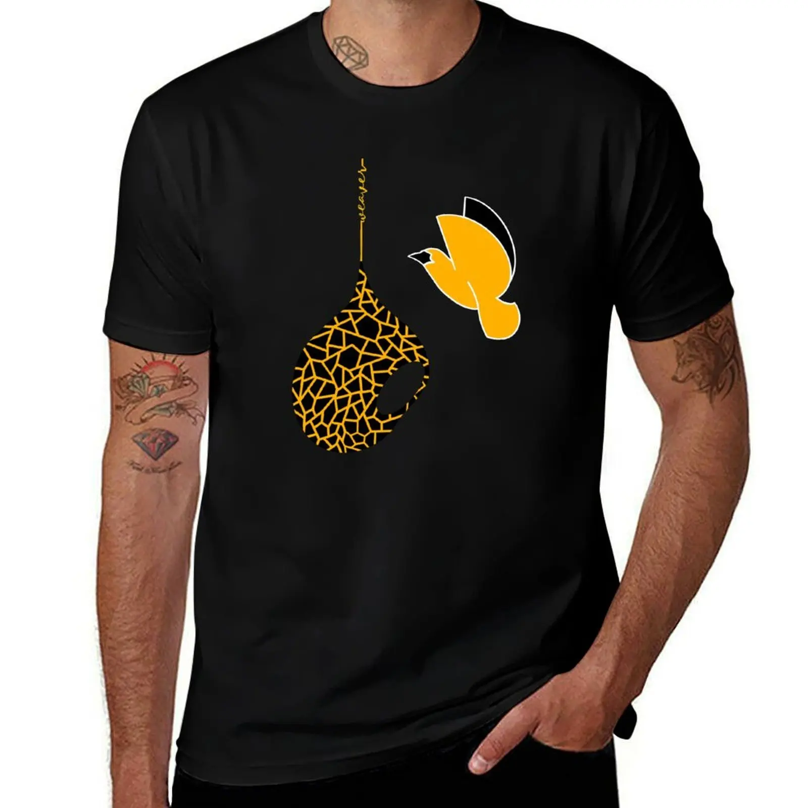 Geometric Ruppell’s Weaver Bird with nest and weaver text detail T-Shirt man t shirt cotton high quality T-Shirt