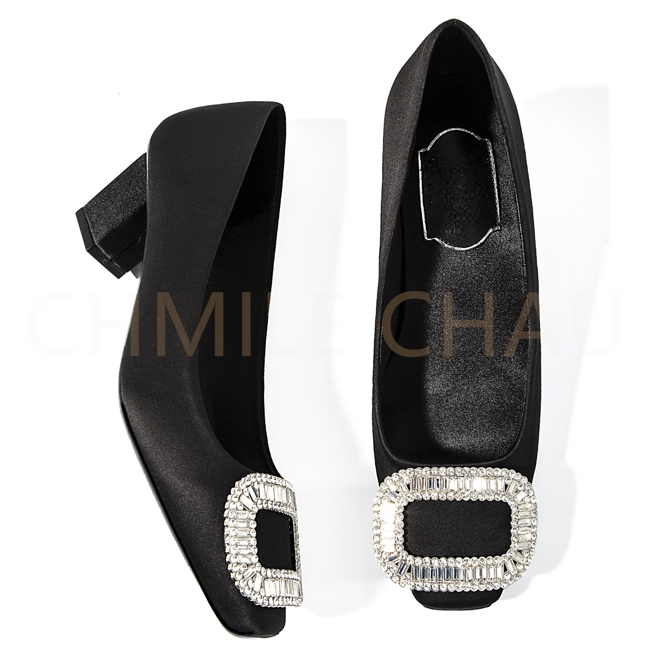【Measure your feet length before order】Crystal Buckle Women Hoof High Heel Square Toe Pumps Elegant Evening Party Shoe 19-CHC-33