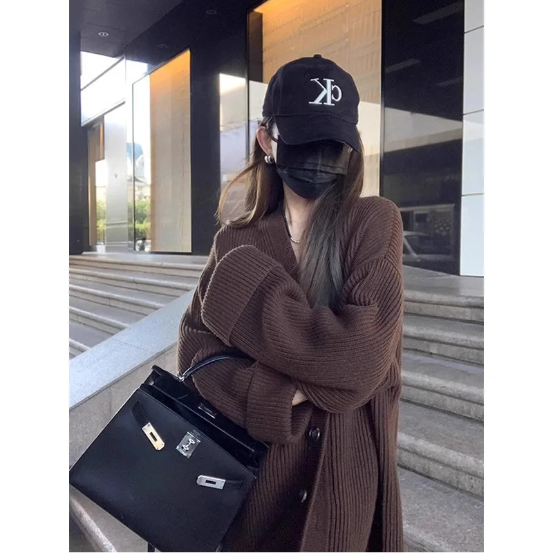 2025 Black V-Neck Sweater Coat for Women, New Autumn Soft Knitted Cardigan