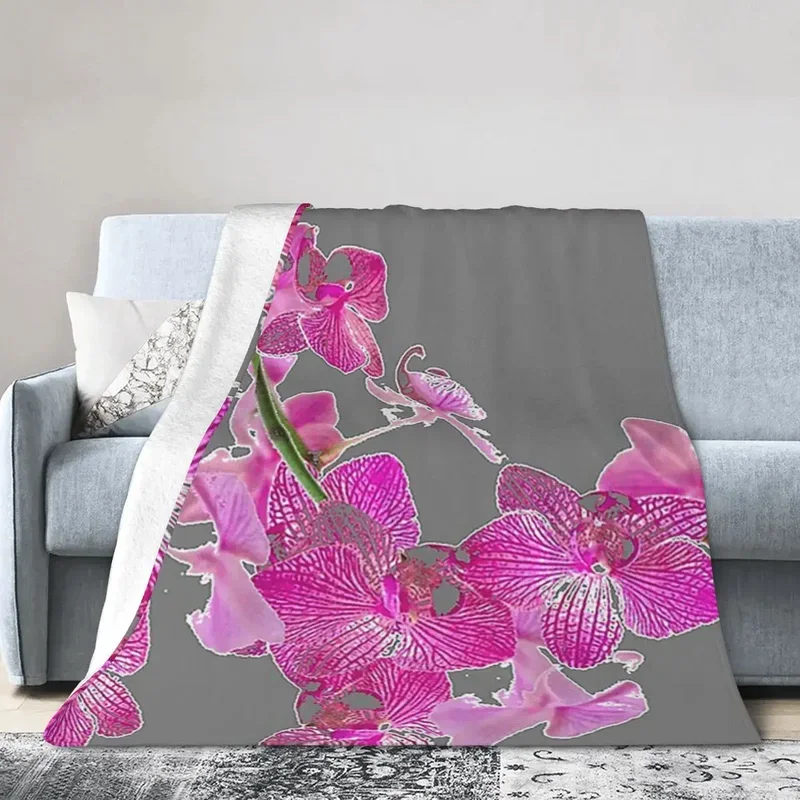 Gray tropical fuchsia-pink orchid abstract blanket soft warm flannel throw blanket bed for travel home sofa