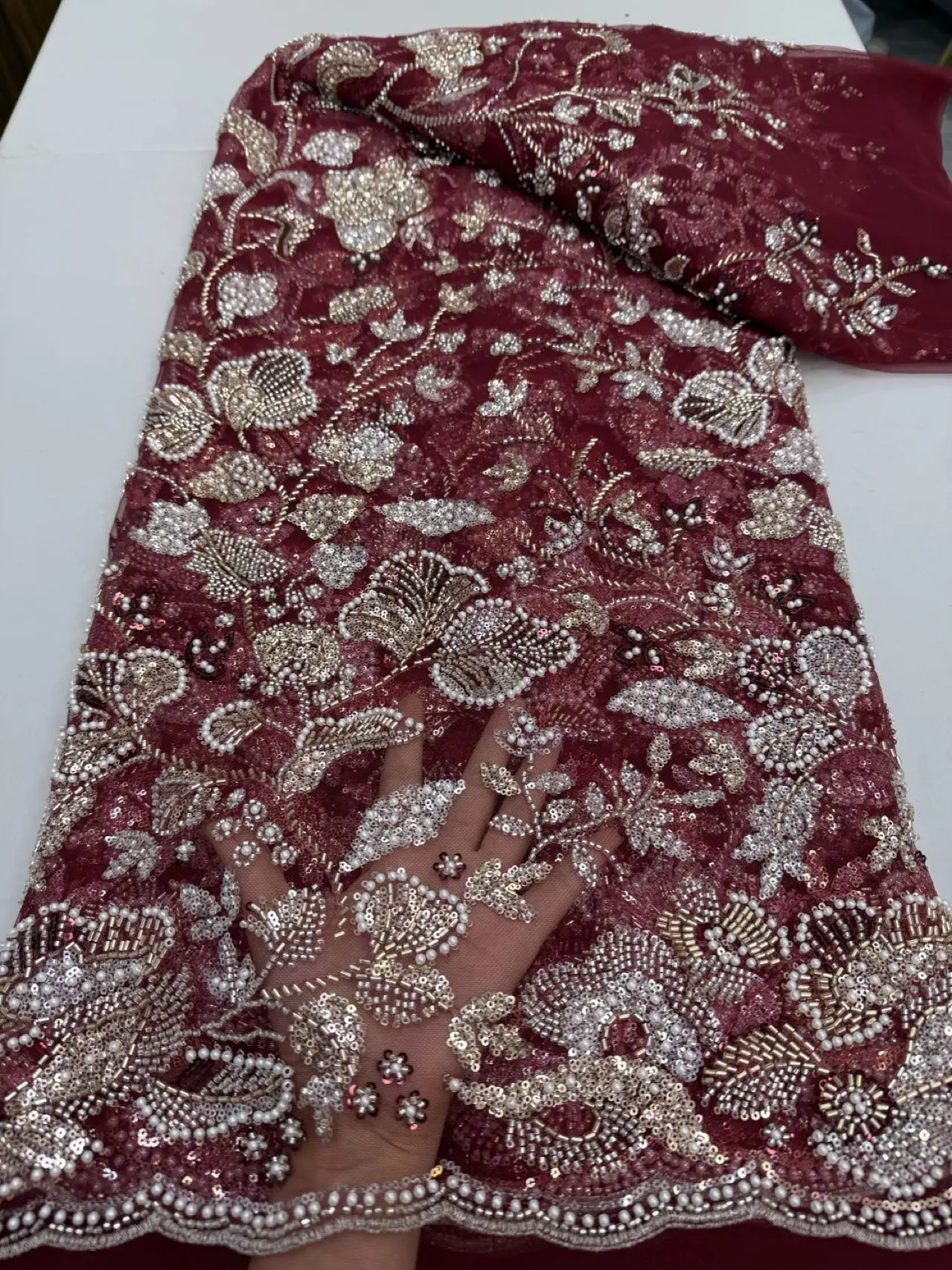 

Высококачественная африканская нигерийская тюлевая кружевная ткань с пайетками и вышивкой, французский гипюр, для выпускных/свадебных платьев, расшитая бисером, 5 ярдов, 2026 год