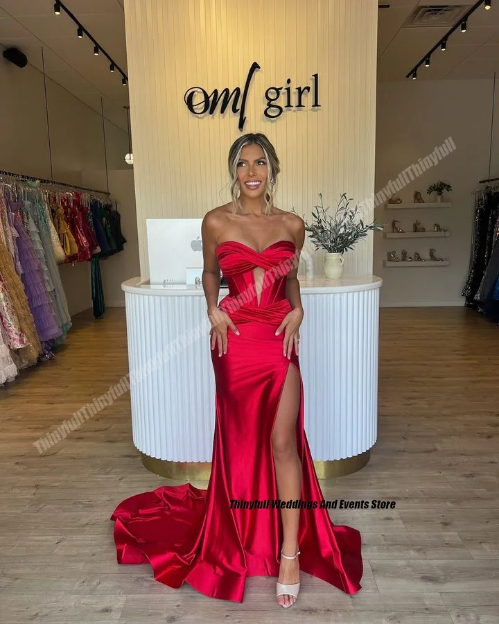 Thinyfull Mermaid Elegant Red Prom Dresses Sleeveless Sweetheart Evening Party Gown Split Long Special Occasion Dress