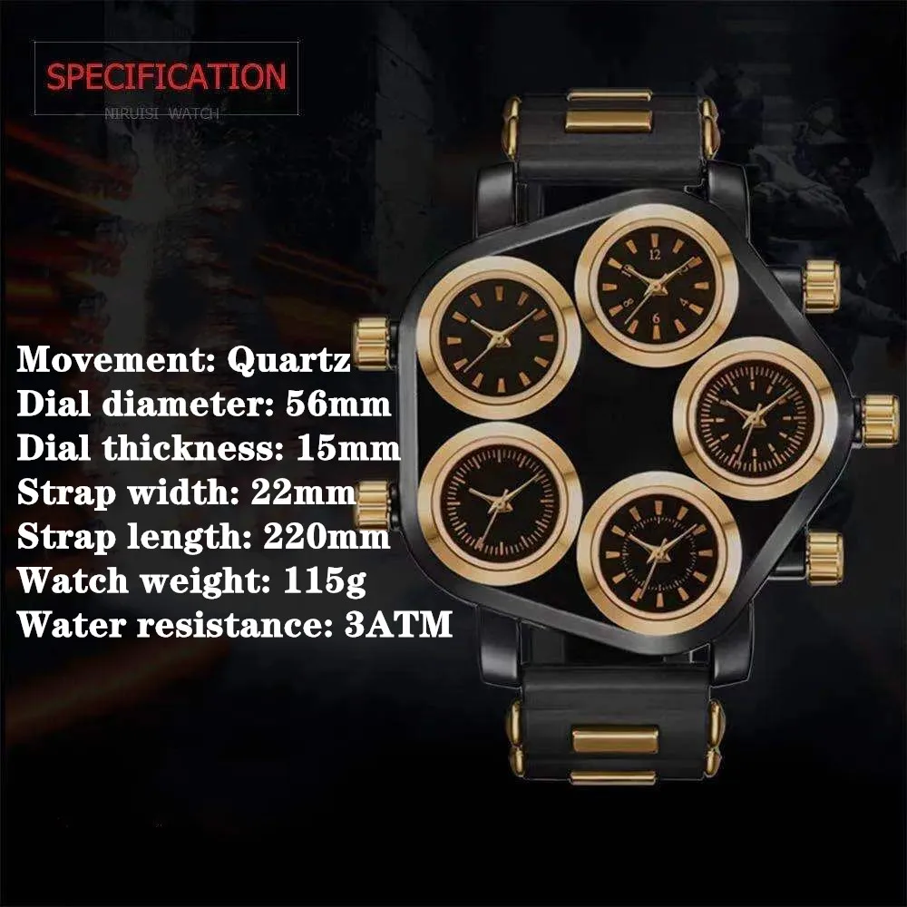 Cool Watch Men Sports Watches Five Time Zone Silicone Strap Punk Large Dial Quartz Wristwatch Male Clock Hour Relogio Masculino