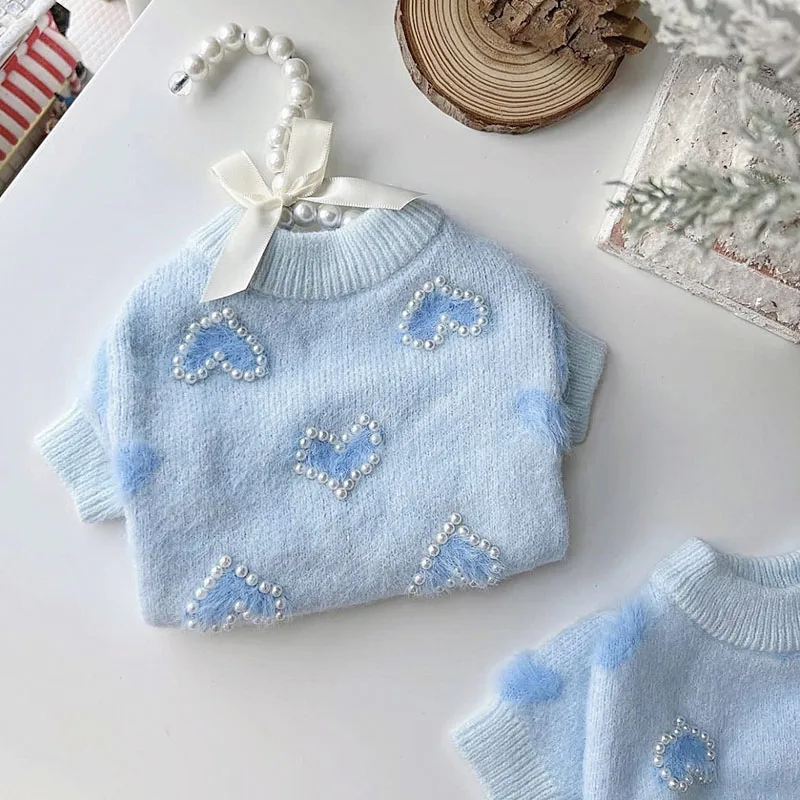 Blue Love Puppy Sweater Teddy Winter Warm Clothes Poodle Soft Pullover Pet Casual Knit Popular Dog Clothes Pet Supplies