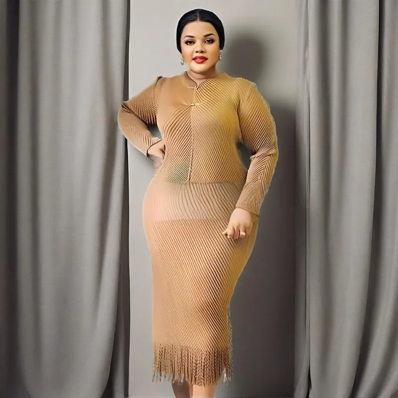 

Miyake плиссированная юбка, комплект 2025, осенняя новинка, плиссированная однотонная юбка с длинными рукавами и кисточками, комплект из 2 предметов, женский костюм больших размеров