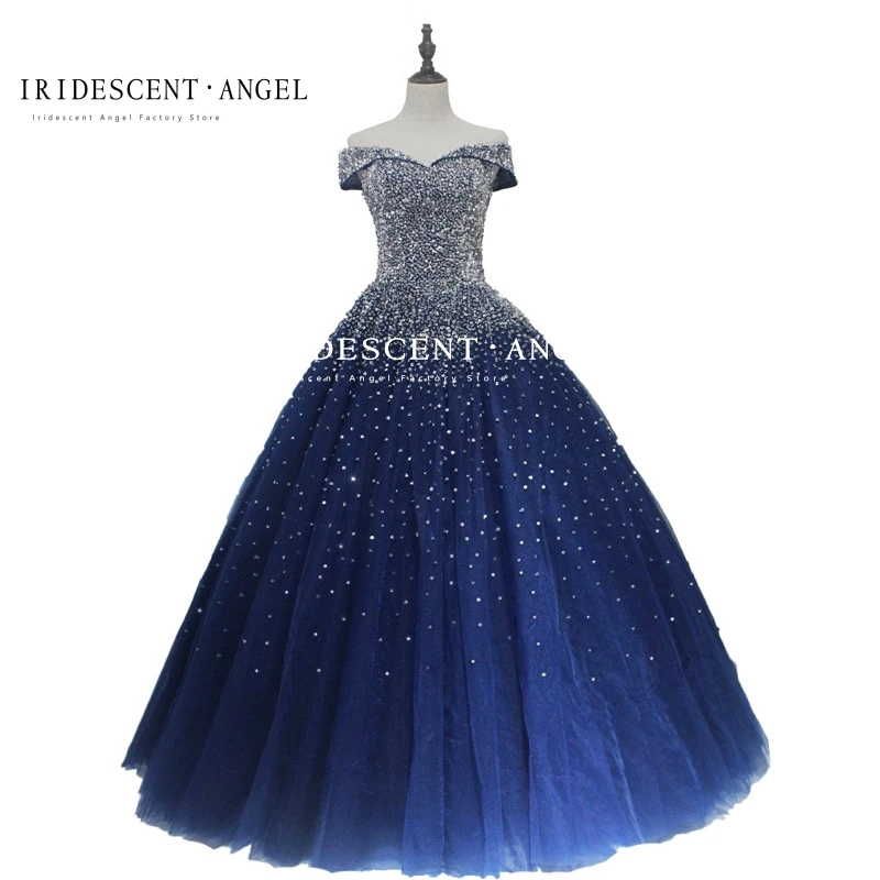 Vestido De baile iridiscente azul marino brillante con cuentas para Quinceañera De 15 años, dulces 16 Vestidos, Vestidos con cordones para niñas