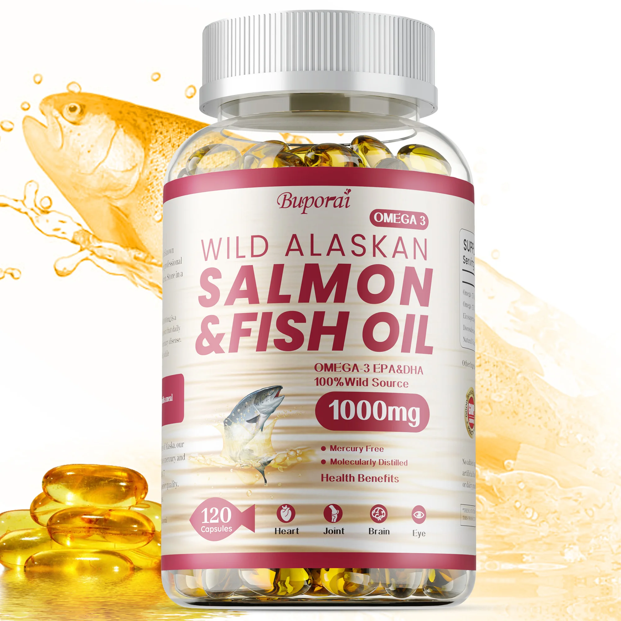 

Salmon Fish Oil - Contains EPA, DHA, Promote Brain, Heart and Cardiovascular Health, Improve Mood, Enhance Immunity