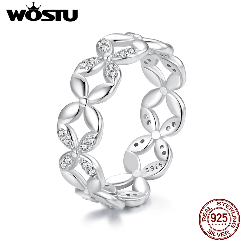 WOSTU 925 Sterling Silver Shiny AAA Zircon Lucky Flower Band Ring Women Engagement Party Gift Hollow Out Flower Rings Fine Jewe