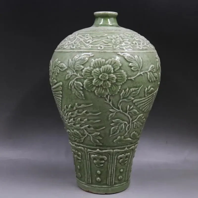 Green Engraved Vase Phoenix Peony Plum Bottle Imitation Ancient Vases Porcelain Vintage Green Ceramic Vase Chinese Design