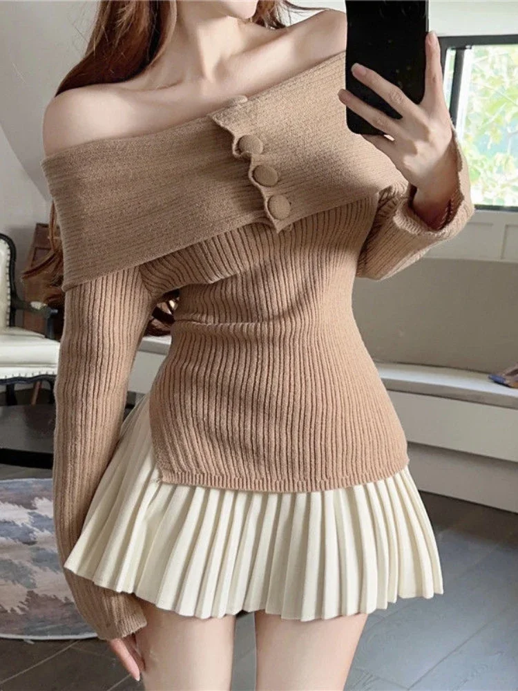 Off Shoulder Sweet Y2k Sweater Women Slash Neck Button Knitted Slim Elegant Tops 2000s Aesthetic Korean Fashion Casual Pullovers