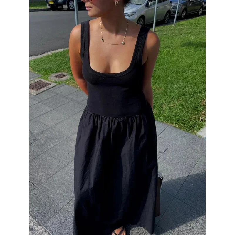 

Elegant Women's Summer Maxi Dress Sleeveless Wide Strap Solid Color Midi Dress for Holiday Party New Style Splicing Design