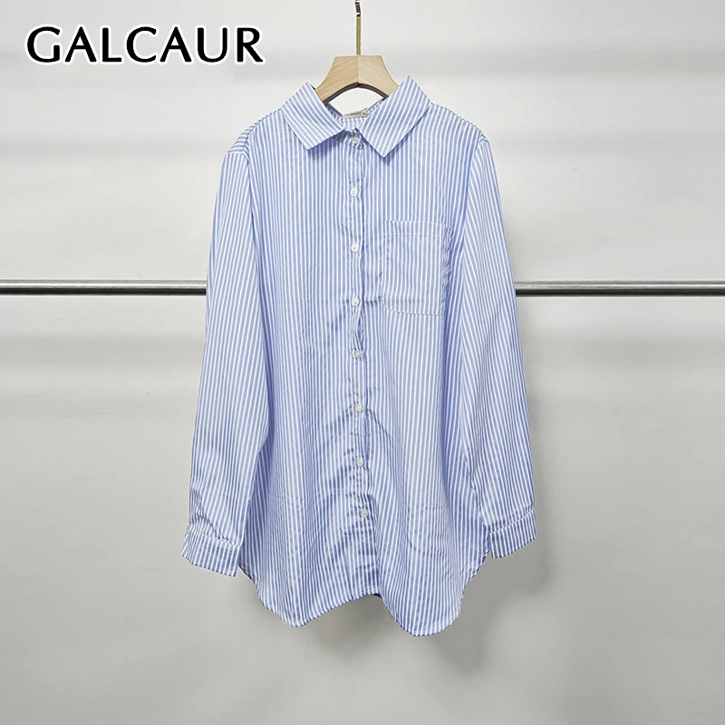 

GALCAUR Striped Shirts For Women Lapel Long Sleeve Patchwork Single Breasted Loose Hit Color Blouses Female Autumn Clothing New