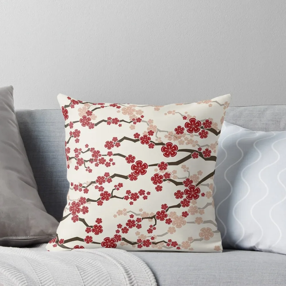 Red Oriental Cherry Blossoms On Ivory Zen Japanese Sakura Flowers ? fatfatin Throw Pillow christmas pillow case