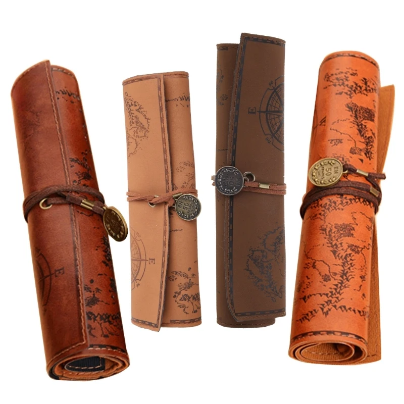 for Creative Roll Up Leather Pencil Pouch Pirate Treasure Map Pattern Pen for Case Makeup Brushes Holder for School Work