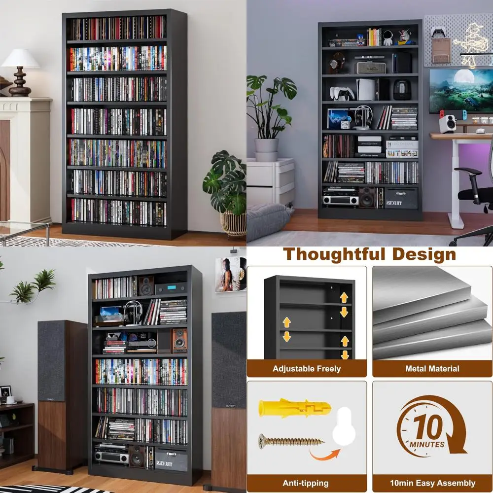 Adjustable 7-Tier CD and DVD Storage Cabinet with Media Organizer Shelves for Home Entertainment Collection