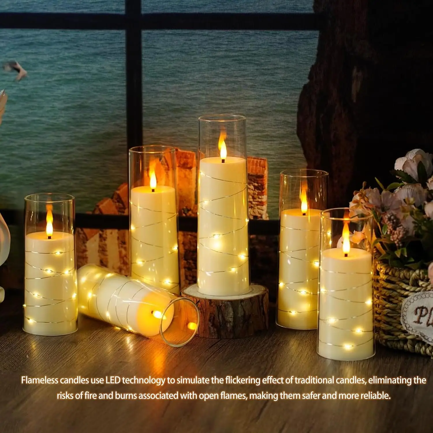 Candele LED senza fiamma tremolanti da 3 pezzi con candele a colonna LED in acrilico con stringa a stella incorporata con telecomando per la decorazione domestica