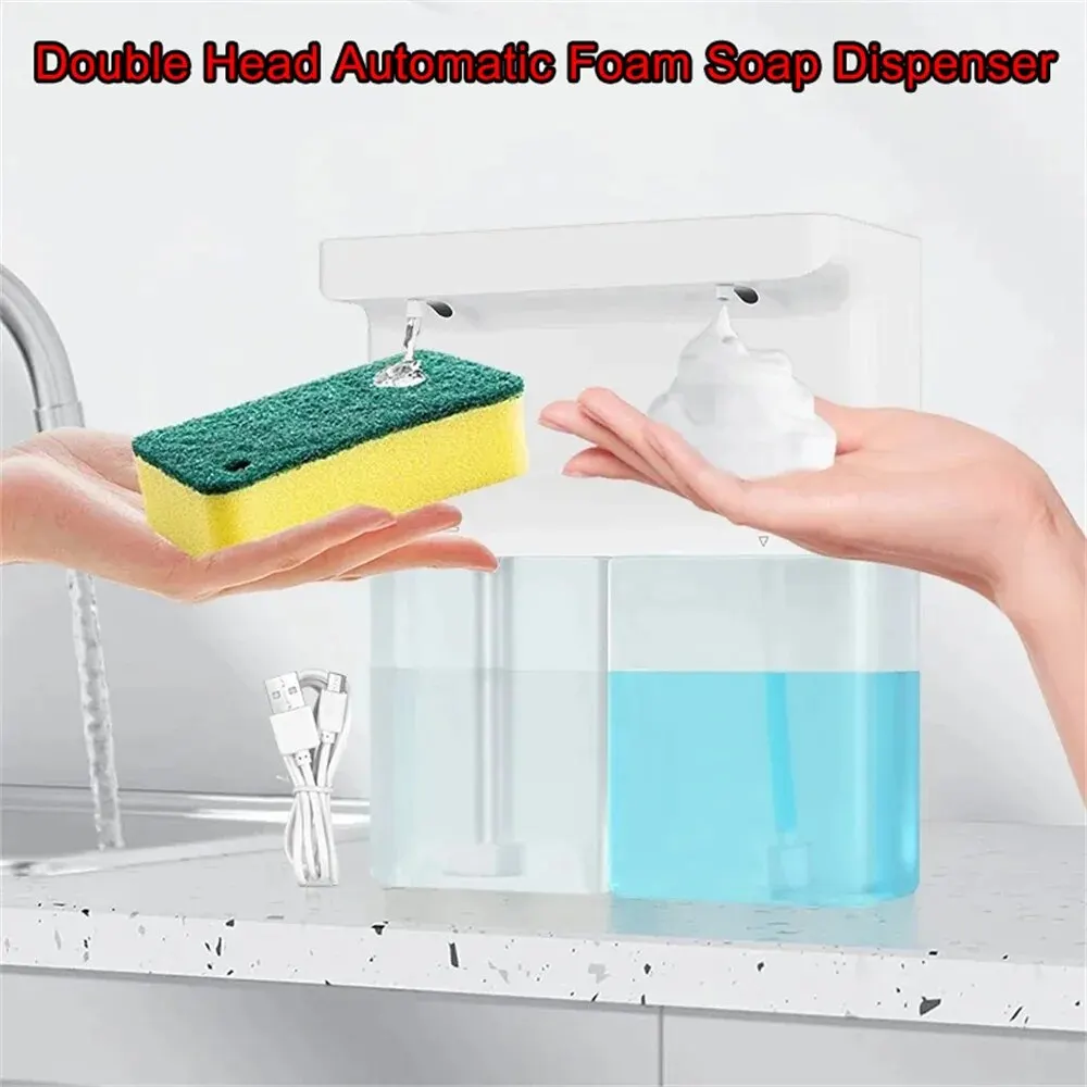 Double Head Automatic Foam Soap Dispenser 3-Level Upgraded Touchless Liquid Sanitizer USB Charging Wall Mounted Bathroom 300ML