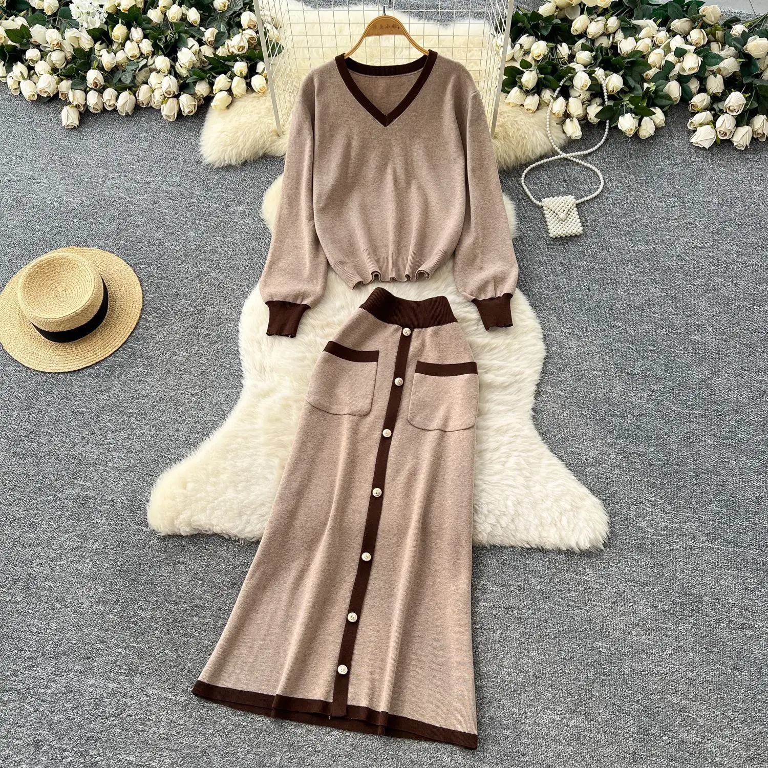 تنورة مجموعة النساء قطعتين مجموعات الخامس الرقبة كم كامل متماسكة القمم التنانير الطويلة مرونة الخصر Y2k الشارع الشهير العمل سليم صالح الخريف الشتاء #1