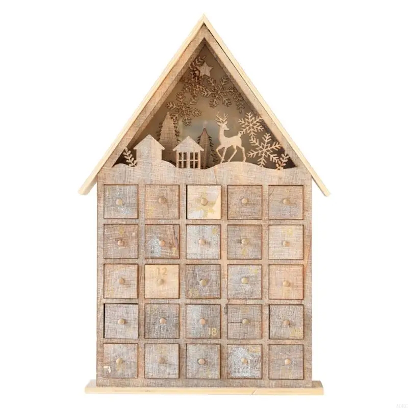 A0KC Christmas Wooden Advent Calendar House with Storage Drawers LED Lighted Countdown Number Ornament Holiday Home Decor view 2