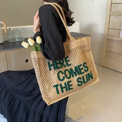 LEFTSIDE Summer Letter Design Women Weave Straw Shoulder Bag 2024 Big Beach Tote Bags Handmade Lady High-capacity Handbag