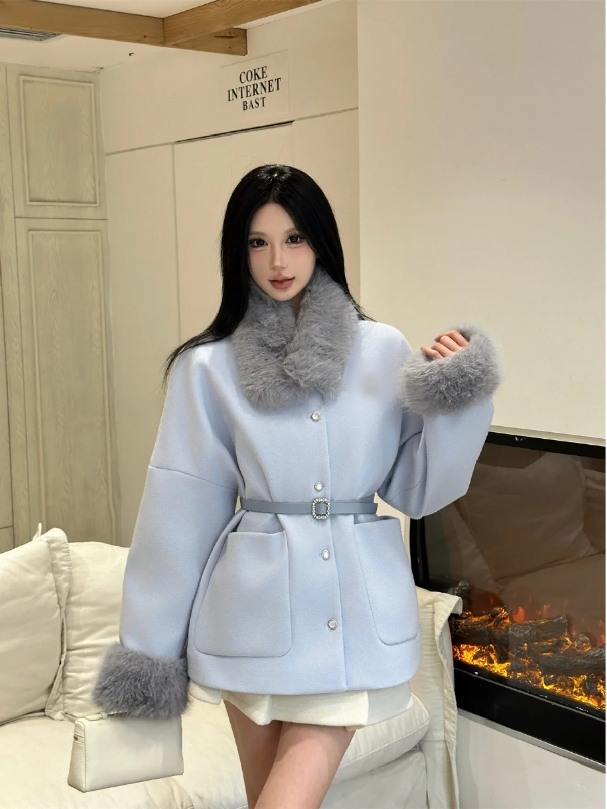 Autumn Winter Woolen Coat Women's Long Waist-Cinching Cloak Style Princess Sweet Fashion Chinese Production Long Sleeve Coat