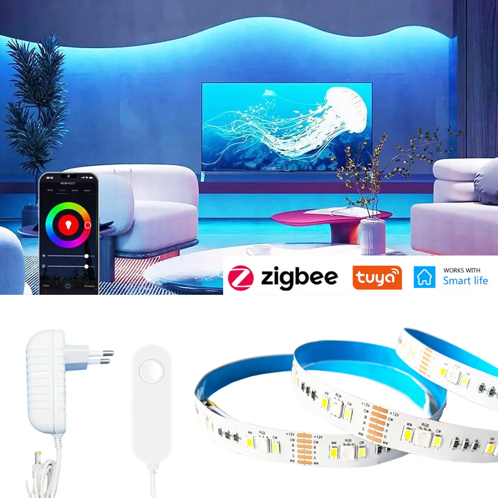 

Светодиодная лента Zigbee 3,0 Tuya Smart RGB + CCT, 12 В, 1 м, 2 м, 3 м, 4 м, 5 м, 5050 дюйма, RGBCW, гибкая Регулируемая яркость, набор ремешка Fr, Alexa, Google assistant