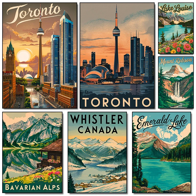 Canada Jasper Toronto Landscape Retro Mountains River Travel Poster North America Canvas Painting Wall Art Pictures Home Decor