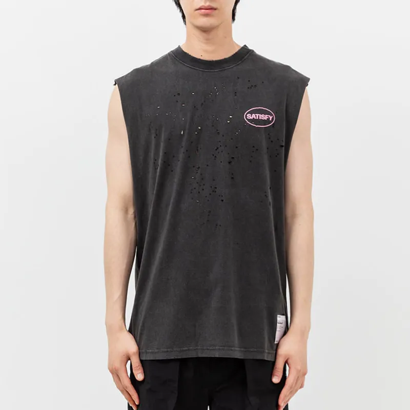 SATISFY MOTHTECH Crew neck old ripped cotton running printed vest T-shirt