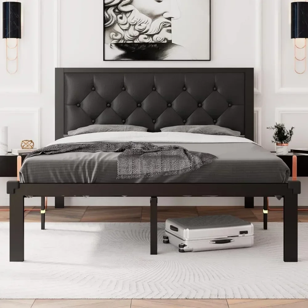 

Full Size Metal Bed Frame with Faux Leather Button Tufted Headboard, Heavy-Duty Platform Bed Frame with 12" Storage, Steel Slats