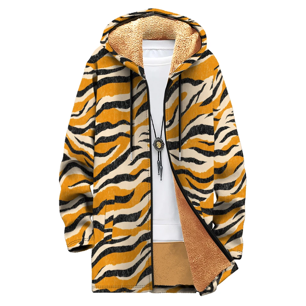 Animal Artful Zebra Stripe Printed Men Cardigan Coats Long Parka Fleece Plush Thick Jacket Warm Outerwear Plus Size Clothing