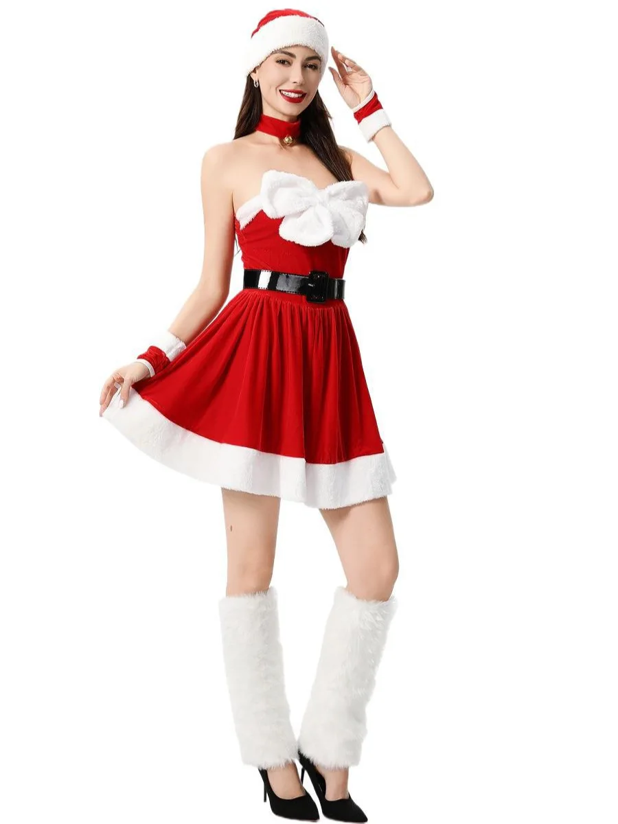 Dames Kerst Santa Dress Deluxe Mrs Claus Kostuum Fluwelen Jurk Choker Hoed Handschoenen Set Cosplay Outfits