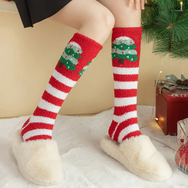 5 Pairs Coral Fleece Christmas Socks Women's Long Socks Cute Cartoon Warm Thickened Socks Snowman Gifts Trees Stockings