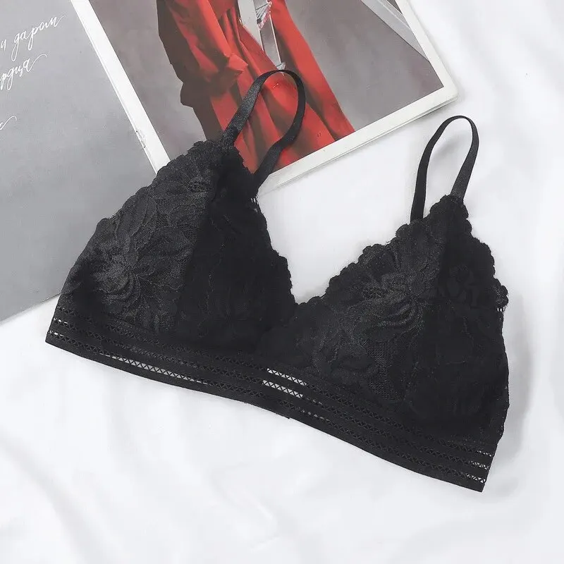 Lace Triangular Cup Suspender Bra Thin Cup Without Steel Ring Sexy Beautiful Back Breathable Bra Detachable Chest Pad