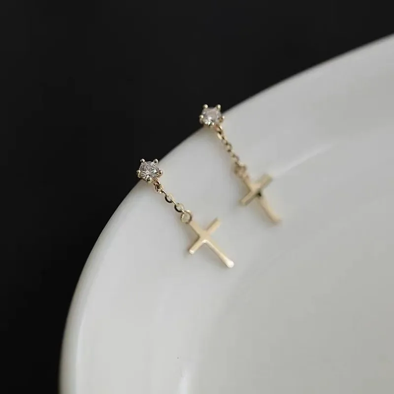 أقراط مرصعة بالفضة S925 للنساء ، ذهب 14 قيراط ، طراز كوري ، شرابة متقاطعة ، عصرية ورائعة ، مجوهرات للطلاب #5