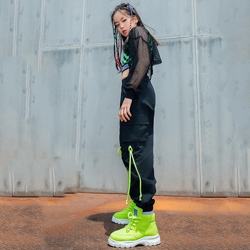 Hip Hop Pants Jazz Street Dance Stage Wear Ballroom Hip Hop Dancing Clothes Girls Net Tops Green Lattice Vest Loose Black