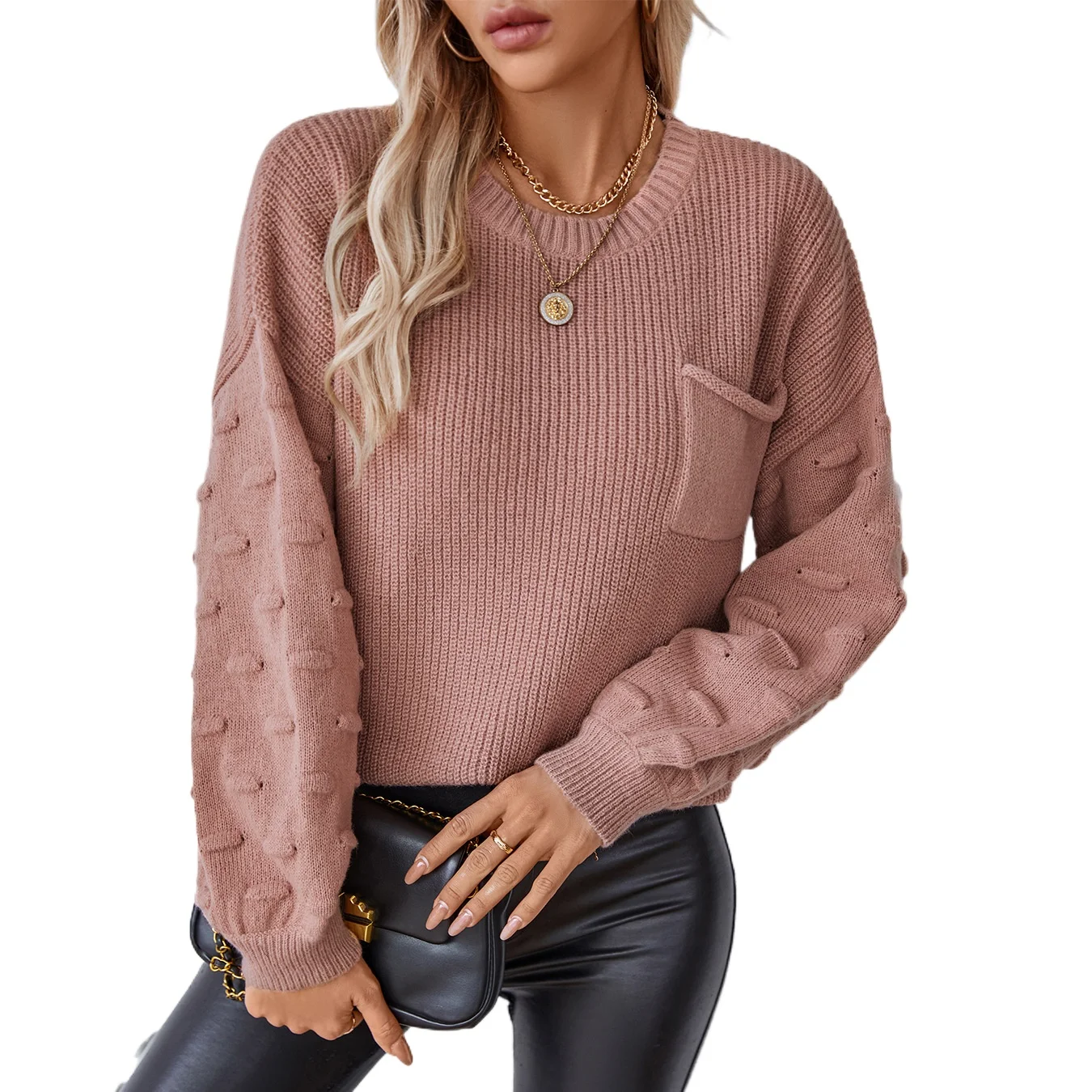 

Solid color pocket pullover women's knitted sweater and winter fashion European and American cross-border women's sweater top