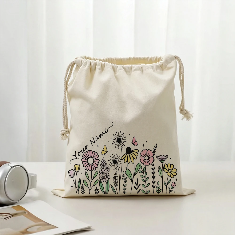 Personalized Wildflowers Drawstring Bags Custom Names Colorful Floral Bouquets Botanicals Storages Gifts Pouches for Women Girls