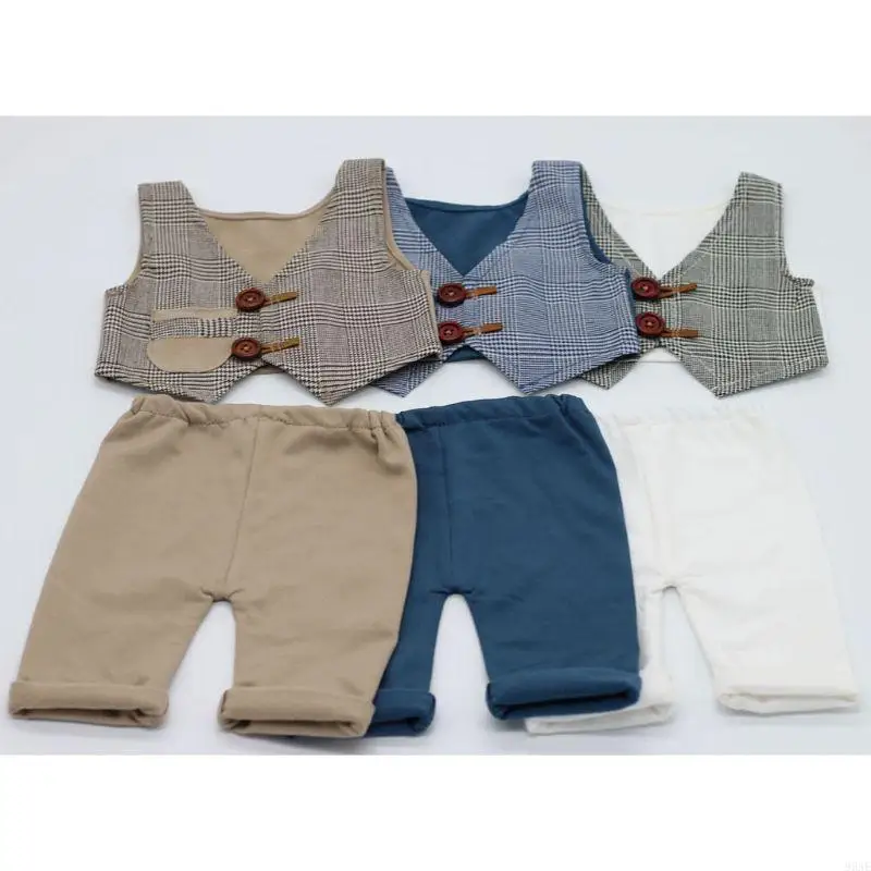 

95AE 2pcs Newborn Baby Boys Gentleman's Plaid Vest and Shorts Costume Prop Outfits Photo Photography Props