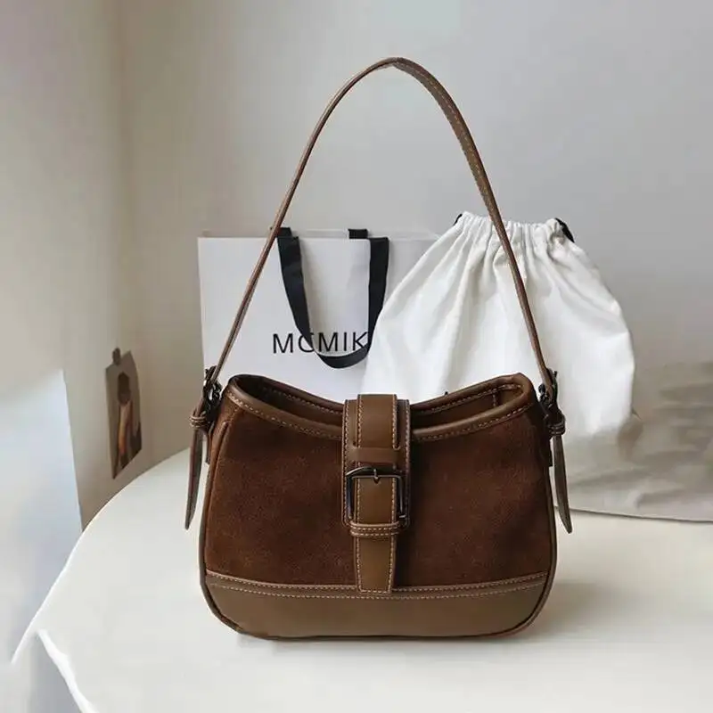 Bloom Vintage Brown Shoulder Bag Women New Autumn Patchwork Chic Leather Casual Crossbody Bags Female Retro Versatile Handbag