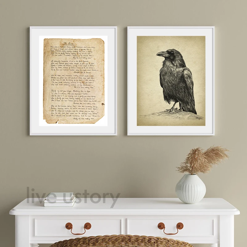 Vintage Raven Art Print The Raven Edgar Allan Poe Poem Poster Gothic Wall Decoration Canvas Painting Bird Sketch Pictures Decor