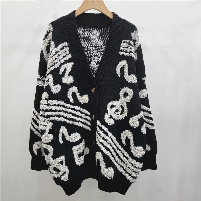 DEAT Women's Cardigan Loose White Musical Note Pattern V-neck Black Long Sleeve Thick Knitted Sweaters 2024 New Autumn Fashion